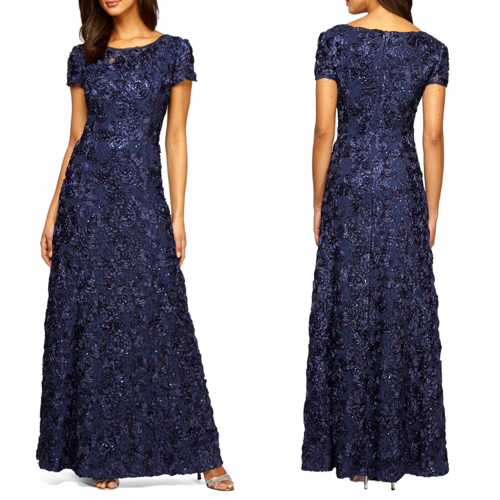 New Alex Evenings Navy Embellished Lace Rosette A-Line Evening Dress Gown 6